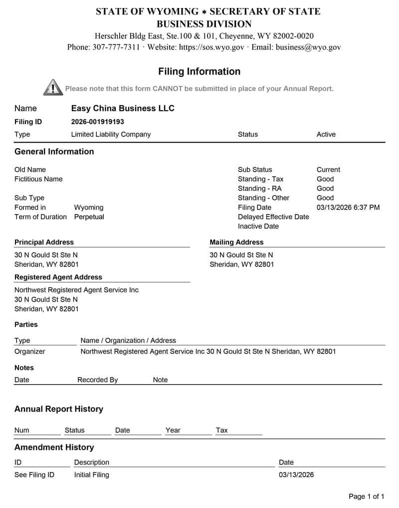 Company Extract from the US Registry Easy China Business